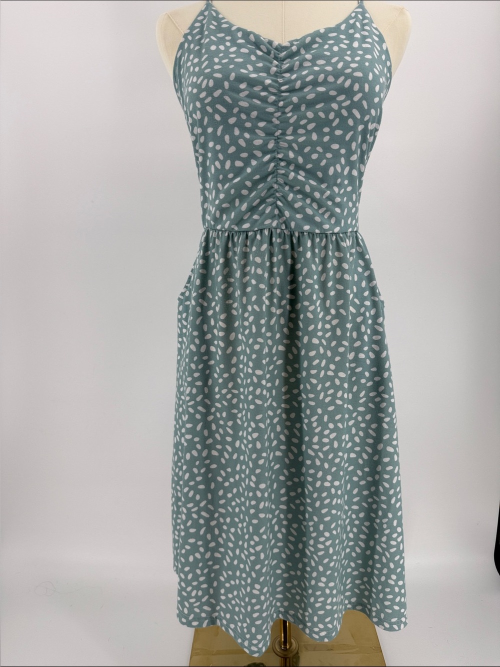 Strappy Teal Dot Ruched Summer Dress